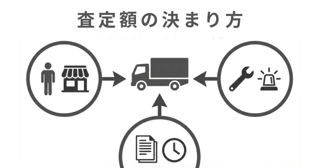 古いトラックの査定額が年式以外の要素で決まる評価構造の図解