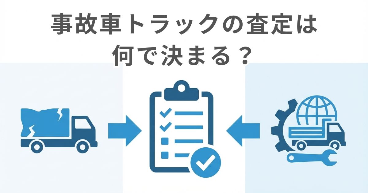 事故車トラックの査定で見られる判断軸を示した図解。