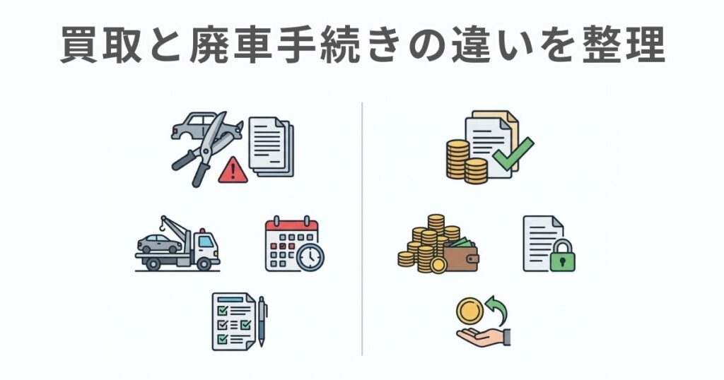 買取と廃車手続きの違いを費用や確認点で整理した文字なし図解