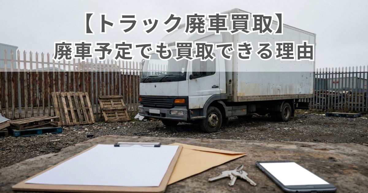 廃車予定のトラックを引取前に状態確認し書類準備も進める様子の写真