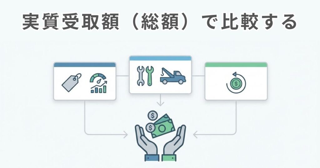 実質受取額は査定と費用と還付の組み合わせで決まることを示す文字なし図解