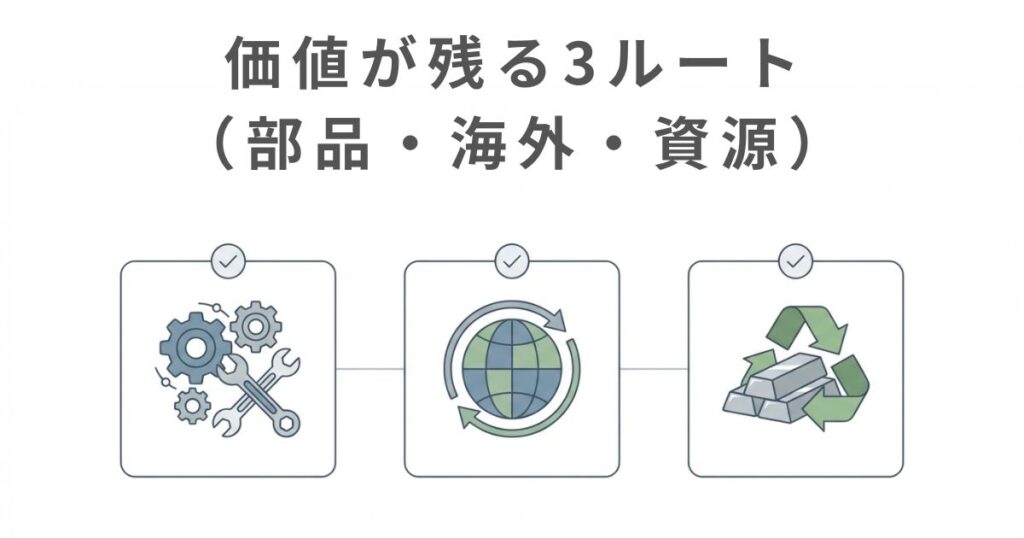 廃車予定でも価値が残る理由が部品と海外ルートと資源であることを示す文字なし図解