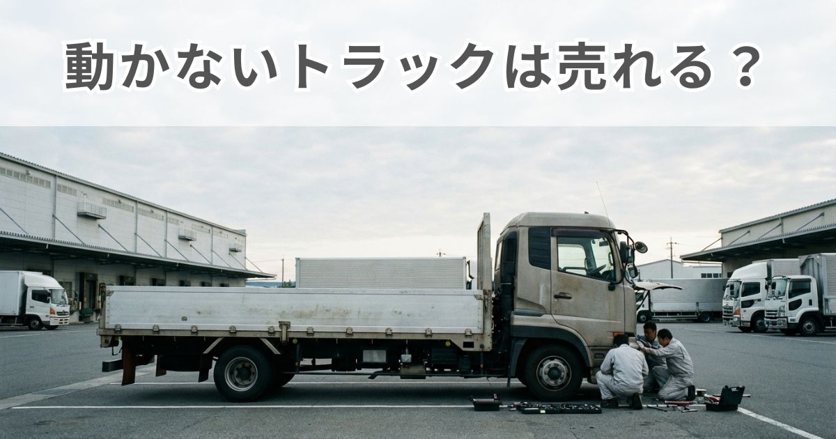 エンジンがかからないトラックの点検状況をイメージした物流ヤードの写真