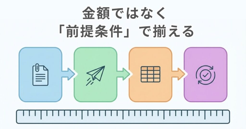 依頼から回収と比較と再確認までを同一条件で進める流れを示す文字なし図解
