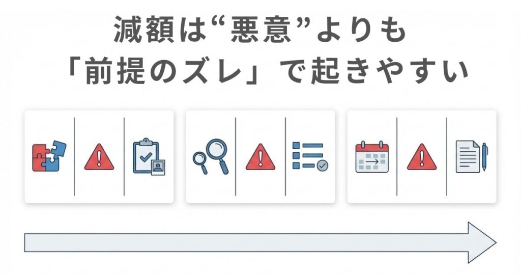 減額リスクが起きる典型パターンと事前回避策を示す文字なし図解