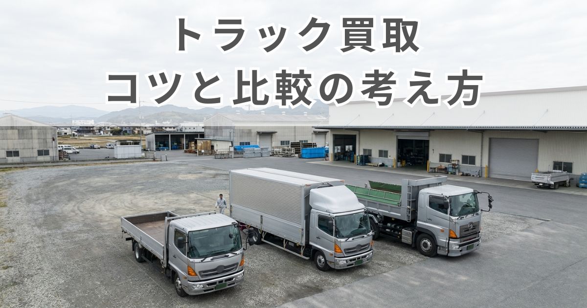 複数のトラックを比較しながら売却判断をイメージした物流ヤードの写真