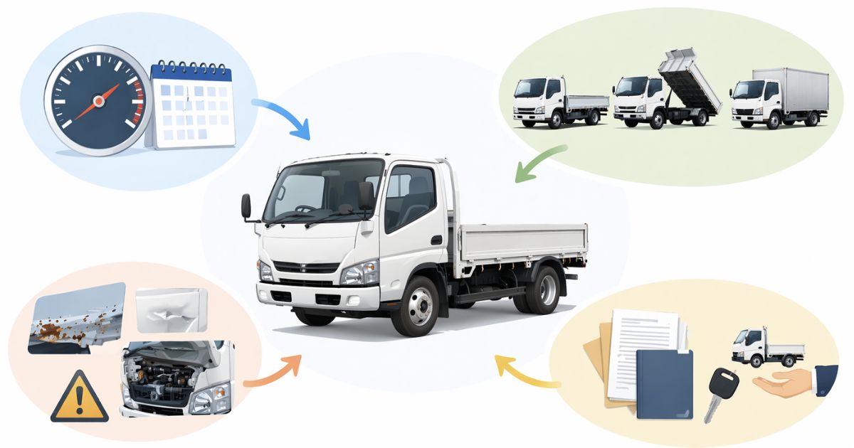 2tトラック買取で相場が複数条件で決まることを示す判断軸の図解