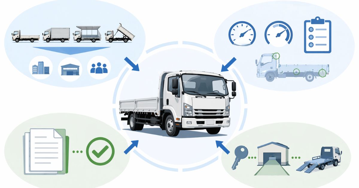 4tトラック買取で需要、状態、書類、受け渡し条件の判断軸を整理した文字なし図解
