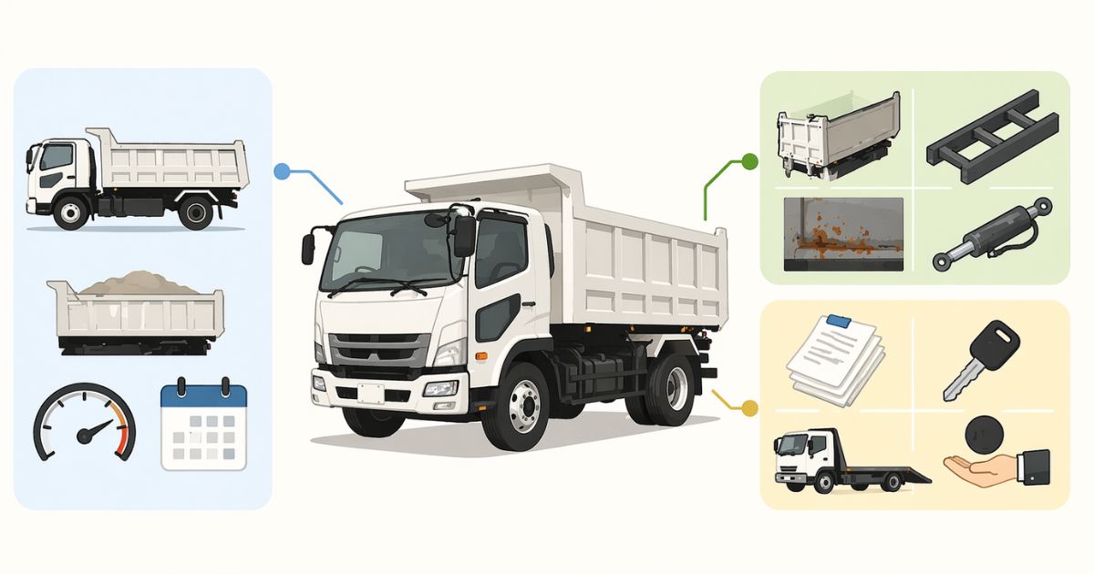 ダンプトラック買取の査定条件を基本条件・状態条件・売却条件で整理した文字なし図解