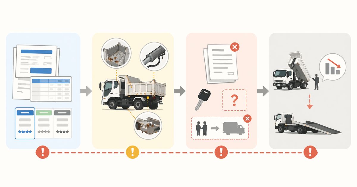 ダンプトラック売却時の比較ミスや減額リスクを整理した文字なし図解