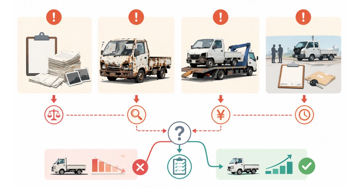古い車両や過走行車や故障車の売却で起こりやすい情報不足や損傷や引取条件のリスクを整理した図解