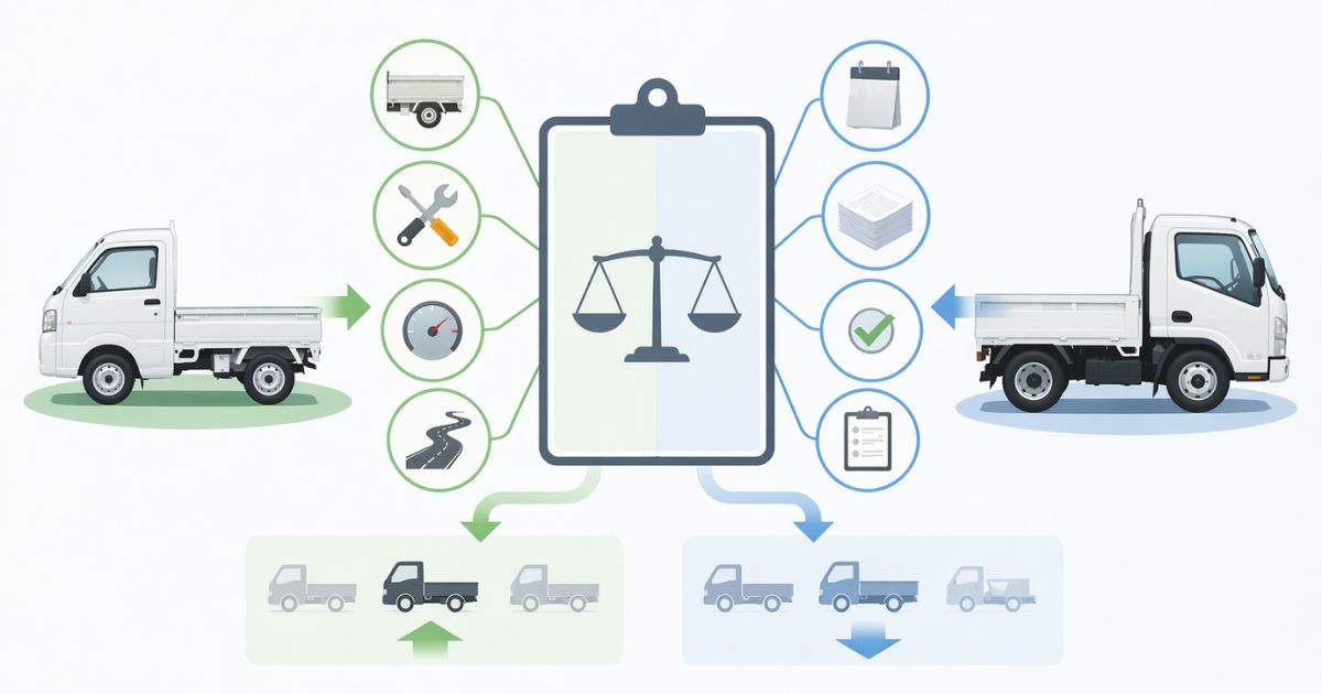 軽トラックと小型トラックで査定相場の見方が分かれ、架装や年式や状態などの条件で評価が変わることを示す図解