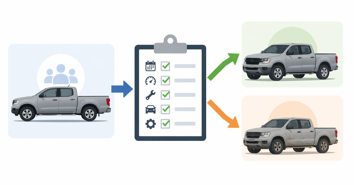 ピックアップトラック買取で需要と車両条件を分けて判断する考え方を示す図解