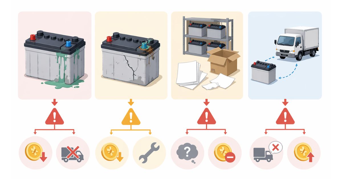 液漏れや破損や情報不足などトラックバッテリー売却時の注意点を示す図解