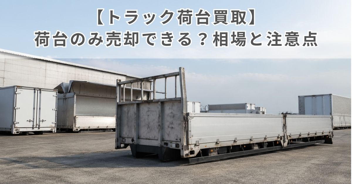 切り離されたトラック荷台を中心に複数の荷台種類を連想できる中古荷台の保管風景