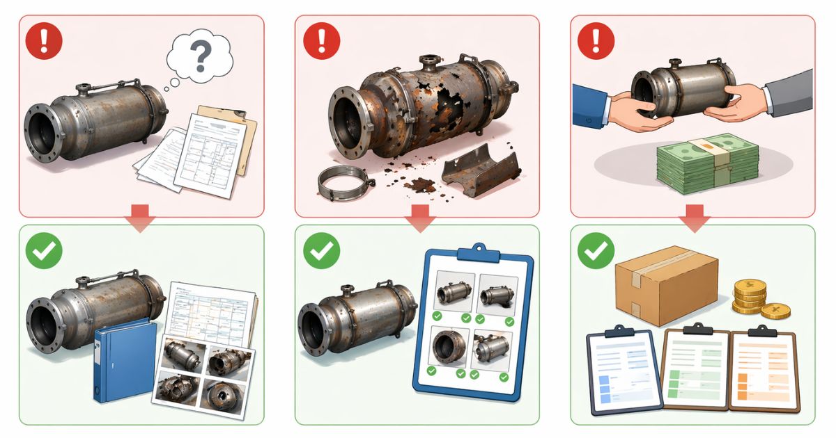 トラック触媒の売却前に確認不足で起こりやすいリスクと対策を示した図解