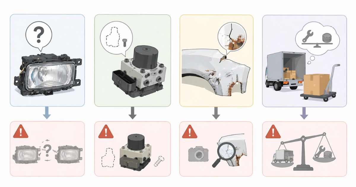 トラック部品売却で品番不明や欠品や状態不明や費用未確認がリスクになる図解