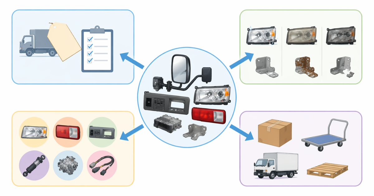 トラック純正部品の査定が情報・状態・需要・受け渡し条件で分かれることを示した図解