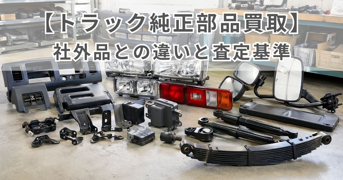 トラック純正部品の売却検討をイメージした無地の部品群と保管棚の写真風ビジュアル