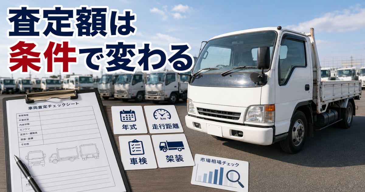 3tトラックの査定額が年式や走行距離などの条件で変わることを示す買取ヤードの構図