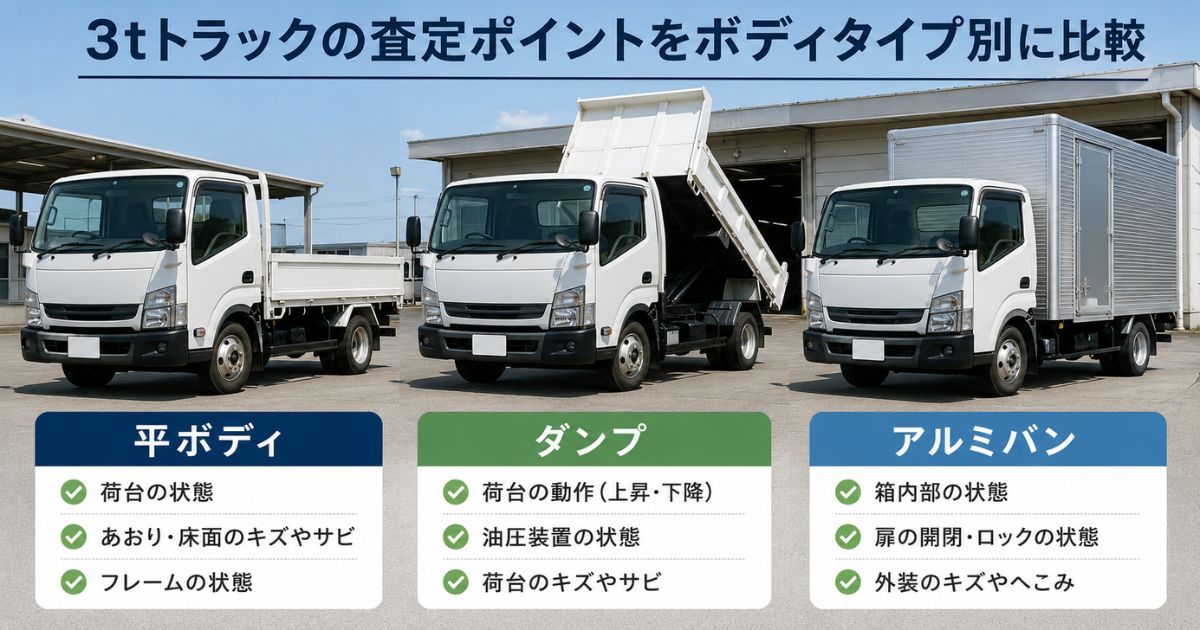 平ボディ・ダンプ・アルミバンなど3tトラックの架装別査定ポイントの比較